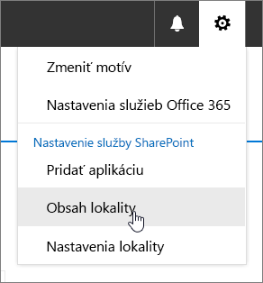 Ponuka Nastavenie so zvýraznenou položkou Obsah lokality