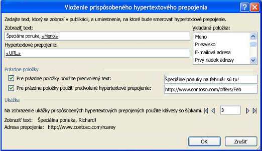 Obrázok dialógového okna Vloženie prispôsobeného hypertextového prepojenia