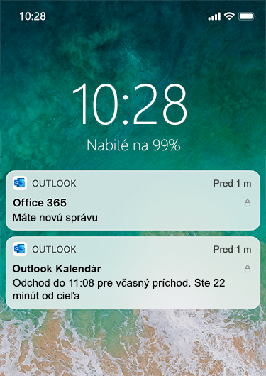 Obrázok zo zobrazením obrazovky uzamknutia iPhonu s oznámeniami Outlooku, v ktorých sa nezobrazujú žiadne podrobné informácie okrem toho, že bola prijatá nová správa.