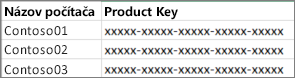 Príklad zoznamu kódov Product Key v dvoch stĺpcoch.