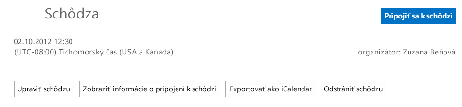 Snímka obrazovky s dialógovým onom schôdze s možnosťou exportu vo formáte iCalendar