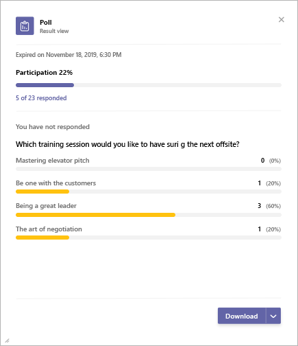 Výsledky aplikácie Microsoft Teams Poll