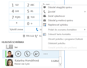 Snímka obrazovky s kontrolou hlasovej schránky v Lyncu