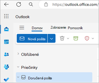 Snímka obrazovky zobrazujúca domovskú stránku Outlook na webe