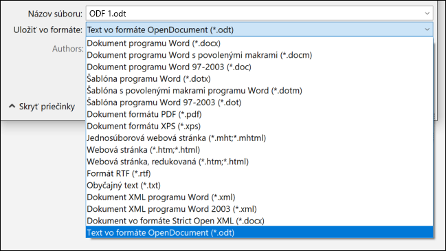 Zoznam formátov súborov z Wordu so zvýrazneným formátom súboru ODT