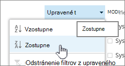 Rozbaľovacia ponuka zoradenia v hlavičke stĺpca