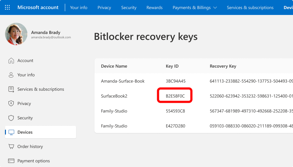 Snímka obrazovky s kľúčmi na obnovenie šifrovania BitLocker pre konto Microsoft.