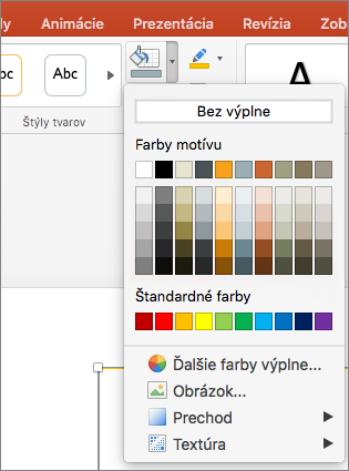 Snímka obrazovky zobrazuje dostupné možnosti ponuky Výplň tvaru vrátane možností Bez výplne, Farby motívu, Štandardné farby, Ďalšie farby výplne, Obrázok, Prechod a Textúra.