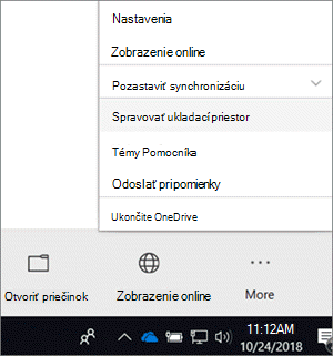 Snímka obrazovky s ponukou nového klienta synchronizácie pre OneDrive for Business s vybratou možnosťou Spravovať ukladací priestor.