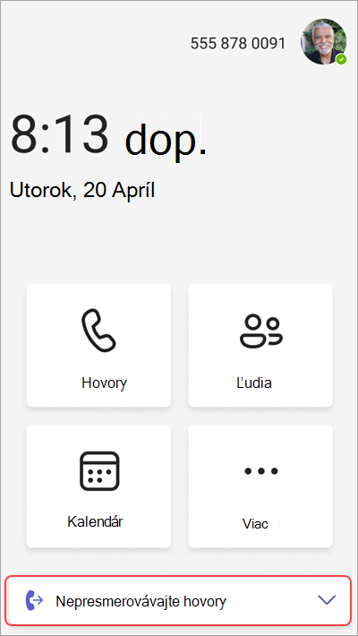 Snímka obrazovky znázorňujúca možnosť presmerovania hovorov do hlasovej schránky.