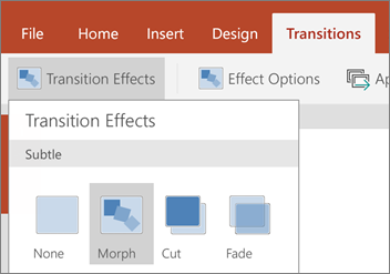 Zobrazuje položky prechody > prechodové efekty > Morph v PowerPointe pre Android.