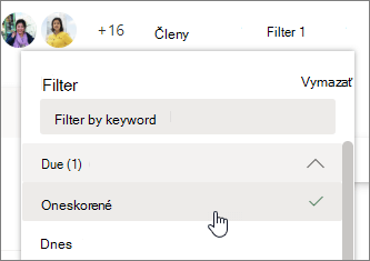 Snímka obrazovky v Planneri pri výbere položky Late (Oneskorené) v ponuke Filter