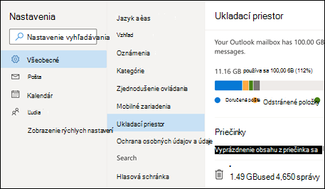 Ponuka ukladacieho priestoru priečinka pre Outlook Web App.