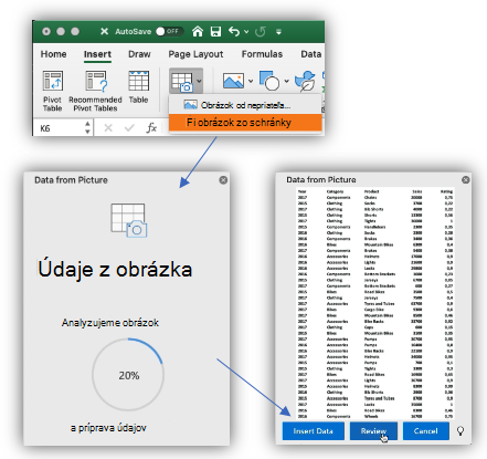 Snímka obrazovky s tlačidlom Údaje z obrázka a bočná tabla zobrazujúca priebeh analýzy obrázka a potom ukážku údajov na vloženie.