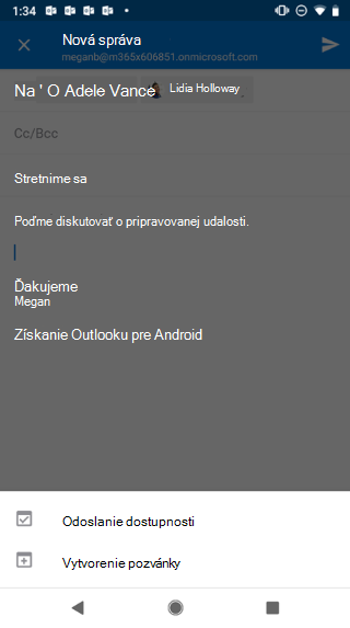 Zobrazuje obrazovku systému Android s konceptom e-mailu (sivým) a tlačidlom „Odoslať dostupnosť“ pod ním.