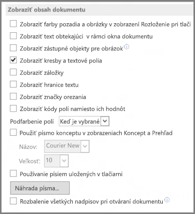Word 2013 show document content options