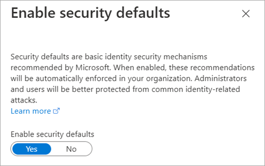 Dialógové okno Povoliť predvolené nastavenia zabezpečenia vo vlastnostiach služby Azure Active Directory.