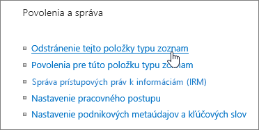 Dialógové okno Nastavenia zoznamu so zvýraznenou položkou Odstrániť tento zoznam