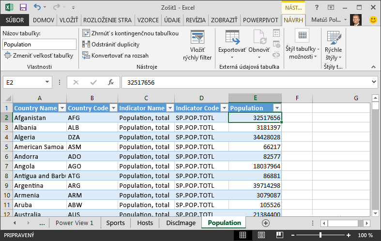 Údaje o obyvateľstve prenesené do Excelu