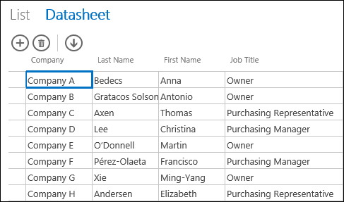 Datasheet view displaying customer records