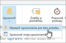 SharePoint 2016 s vybratou položkou Nastaviť upozornenia pre položku