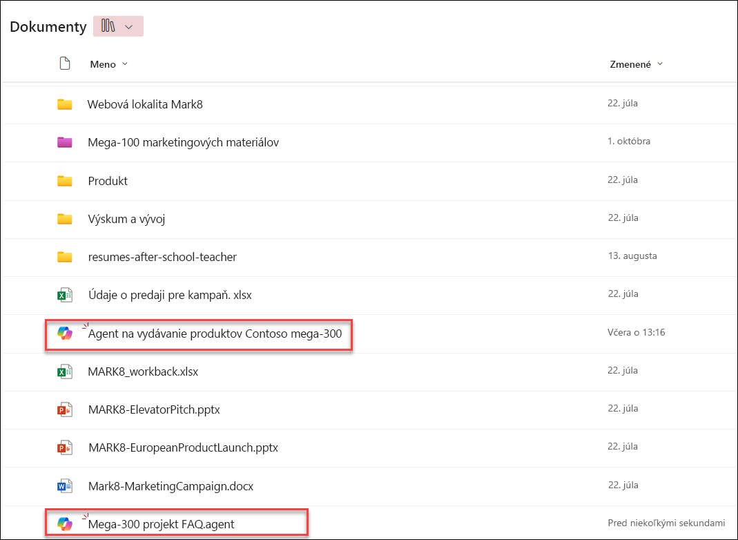snímka obrazovky s agentmi Copilota uloženými v aktuálnom priečinku knižnice dokumentov