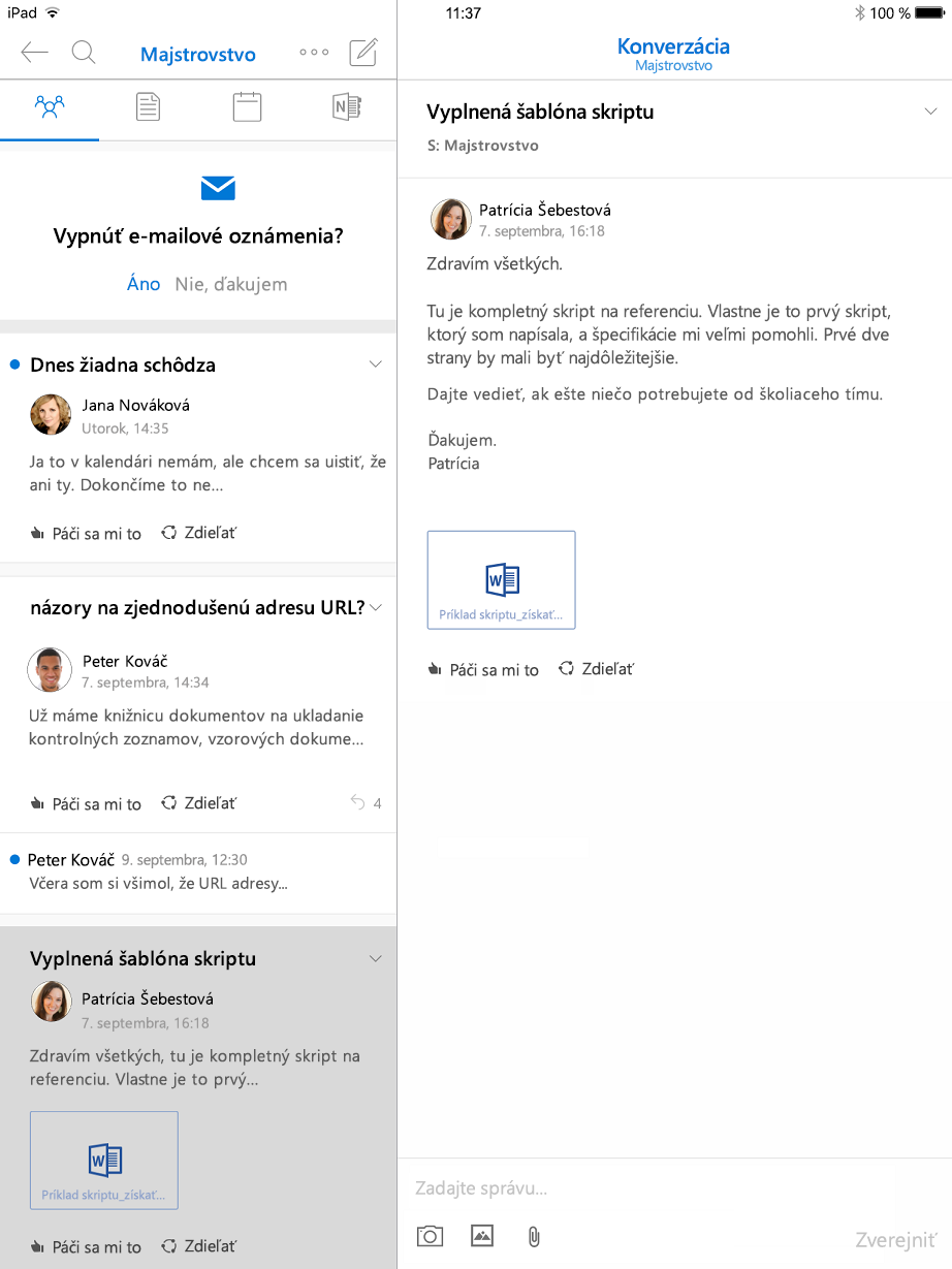 Zobrazenie konverzácie v programe Outlook skupinách pre iPad