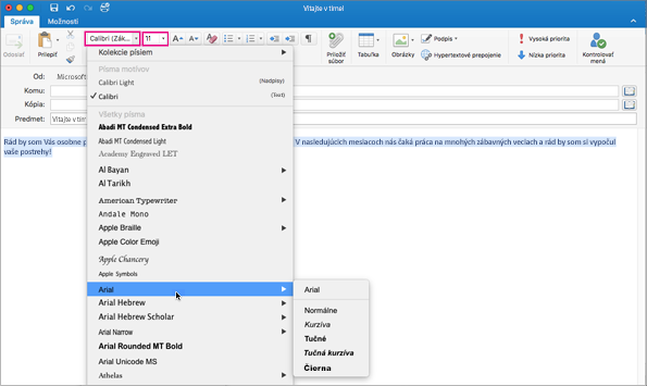 Písmo a výber veľkosti písma v Outlooku pre Mac