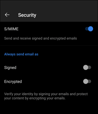 Obrazovka zabezpečenia v Mobilnom Outlooku so zapnutým S/MIME a dostupnými možnosťami Podpísané a Šifrované.