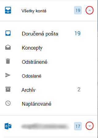 Zobrazuje priečinky Outlooku so zakrúžkovanými šípkami rozbaľovacieho zoznamu na pravej strane obrazovky.