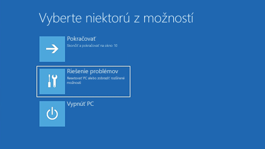 Obrazovka Výber možnosti v prostredí Windows Recovery Environment.