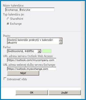 Snímka obrazovky s dialógovým oknom prekrývajúce kalendár v SharePointe. Dialógové okno zobrazuje názov kalendára, typ kalendára (Exchange) a poskytuje URL adresy pre Outlook Web Access a Exchange Web Access.