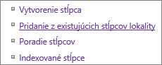 Detail na prepojenie Pridať existujúci stĺpec na stránke Nastavenie