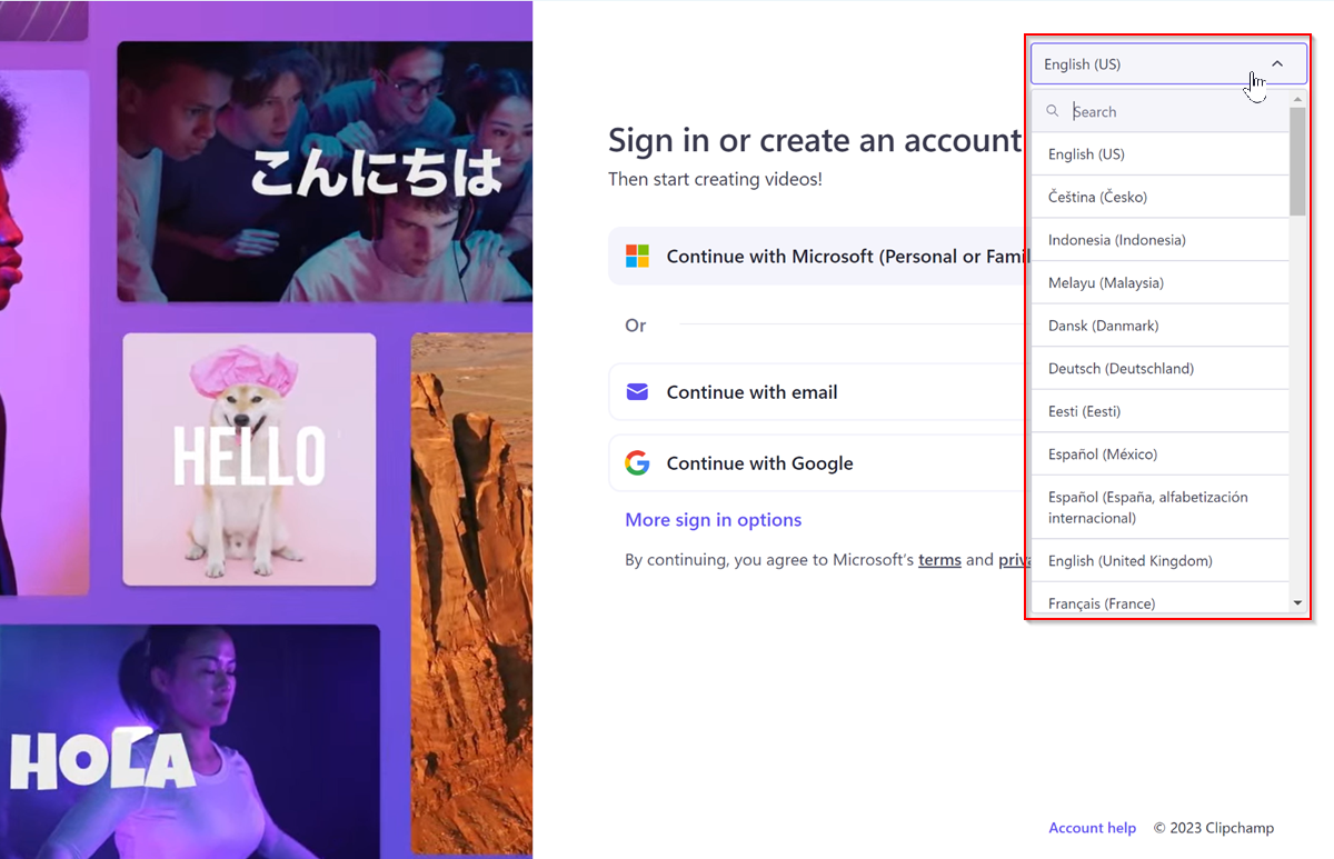 Výber jazyka na prihlasovacej stránke programu Clipchamp