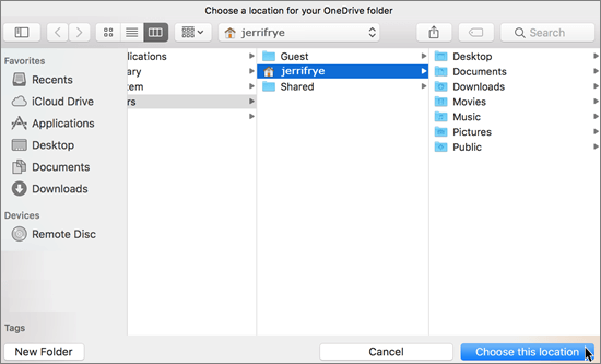 Snímka obrazovky s výberom umiestnenia priečinka v sprievodcovi Víta vás OneDrive v Macu