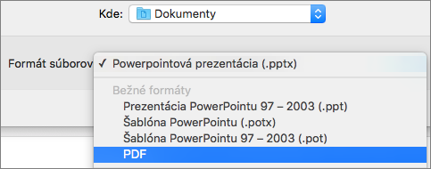 Zobrazuje možnosť PDF v zozname Formáty súborov v dialógovom okne Uložiť ako v PowerPointe 2016 pre Mac.