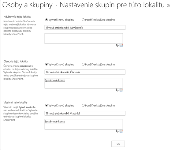 Dialógové okno Nastavenie skupín pre túto lokalitu