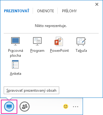 Snímka obrazovky s kartou Prezentovať, ktorá zobrazuje režimy prezentácie položiek Pracovná plocha, Program, PowerPoint, Tabuľa a Anketa