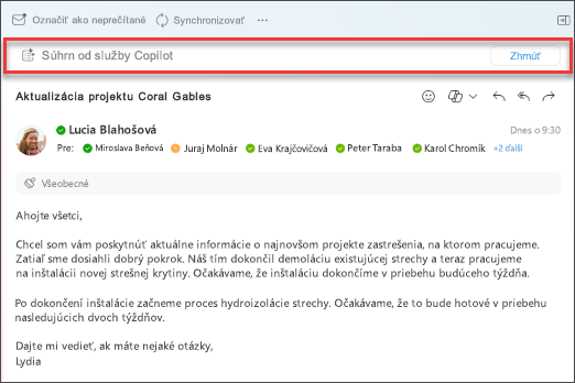 Ak chcete vytvoriť súhrn postupnosti e-mailov, vyberte pre funkciu Copilot súhrn.