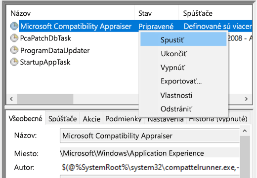 Spustenie aplikácie Microsoft Compatibility Appraiser v Plánovači úloh.
