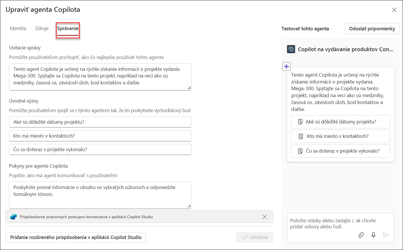 snímka obrazovky s úpravou správania agenta Copilota