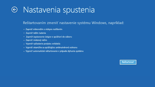Obrazovka Nastavenie spustenia v prostredí Windows Recovery Environment.