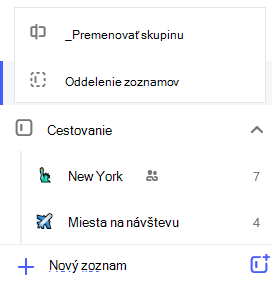 Snímka obrazovky so skupinou cestovného zoznamu a ponukou na úpravy otvoriť s možnosťou na premenovanie skupín a oddelenie zoznamov