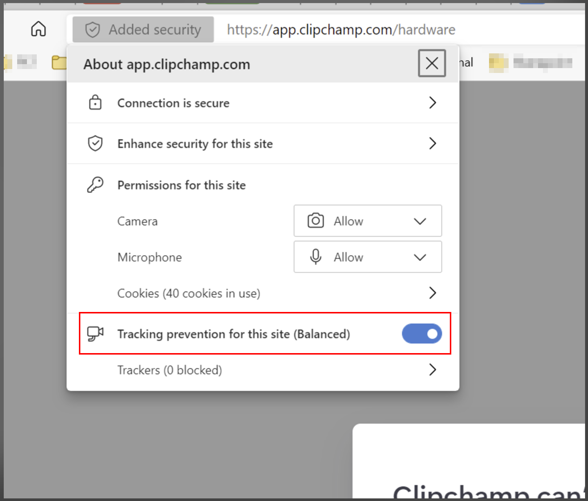 Edge added security, whitelist Clipchamp 2