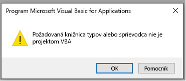 Snímka obrazovky s chybou v okne Microsoft Visual Basic for Applications
