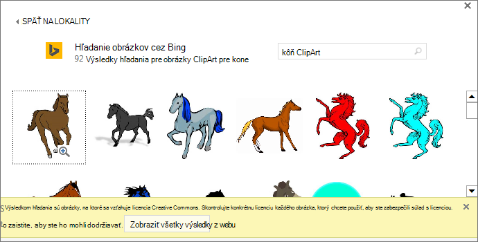 Pri hľadaní obrázka ClipArt s témou koňa sa vďaka licencii Creative Commons zobrazí množstvo obrázkov.