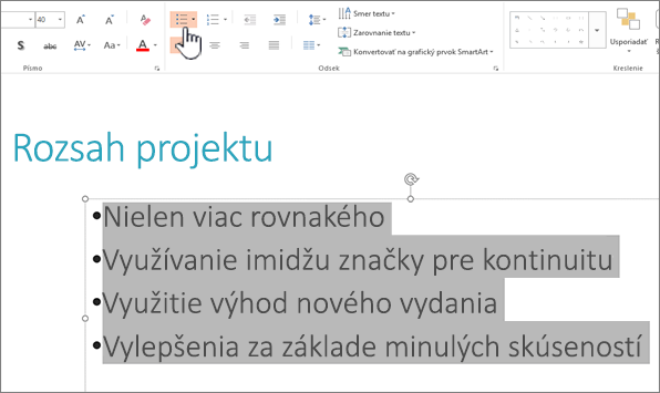 Vybratý text s použitými odrážkami