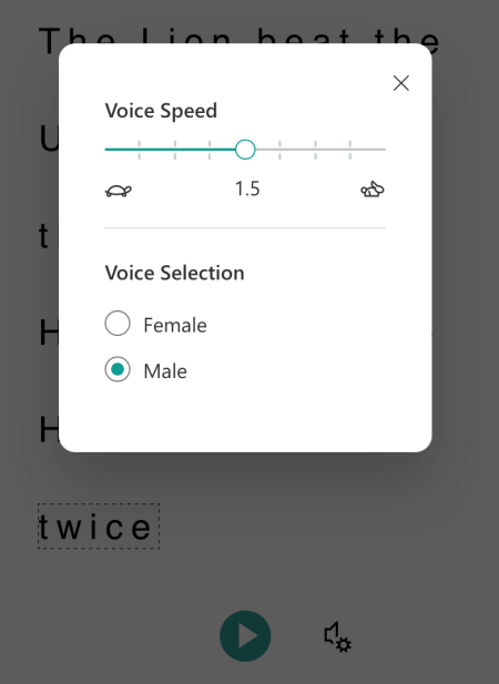 Dialógové okno možností hlasu v imerznej čítačke pre Microsoft Lens pre iOS.