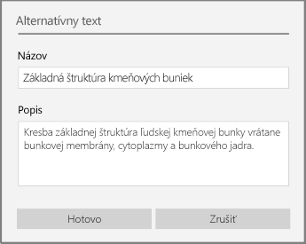 Dialógové okno Alternatívny text na pridanie alternatívneho textu vo OneNote pre Windows 10.