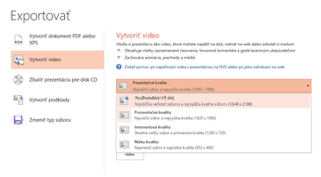Snímka obrazovky s dialógovým oknom exportu obsahujúcim dostupné možnosti pri vytváraní videa založeného na prezentácii
